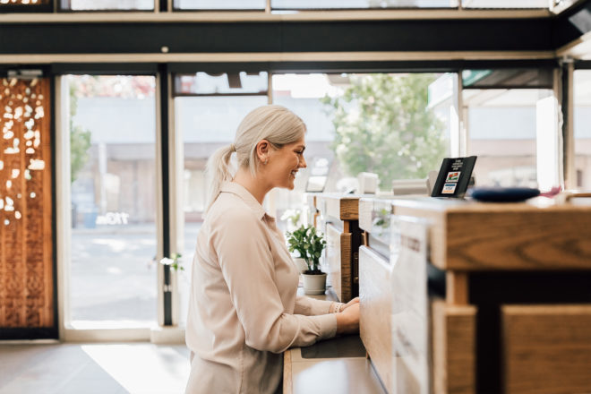 Customer at teller counter at Olympia Downtown Branch