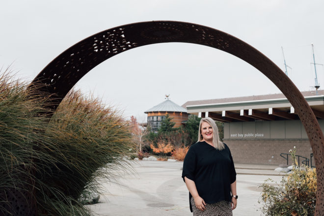 Olympia Federal Savings Loan Officer, Melissa Kirkeby, in front of the Hands on Children's Museum in Thurston County, in downtown Olympia, Washington.