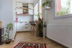 Tiny home or ADU interior of living room and kitchen