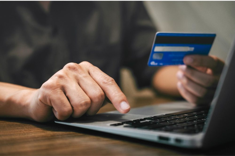 Person banking from home