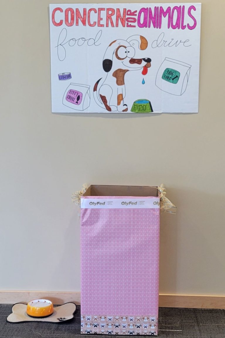 Donation box for pet food drive at West Olympia branch