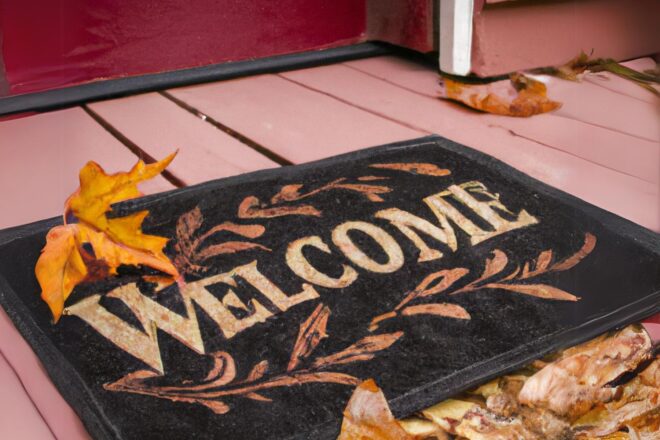 Welcome mat with fall leaves on porch