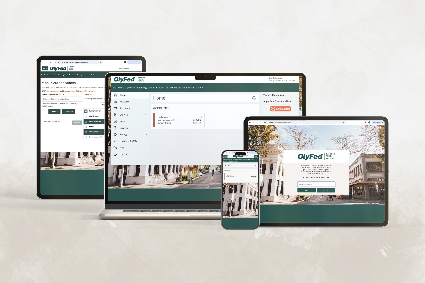 Digital online banking for business displayed on several digital devices.