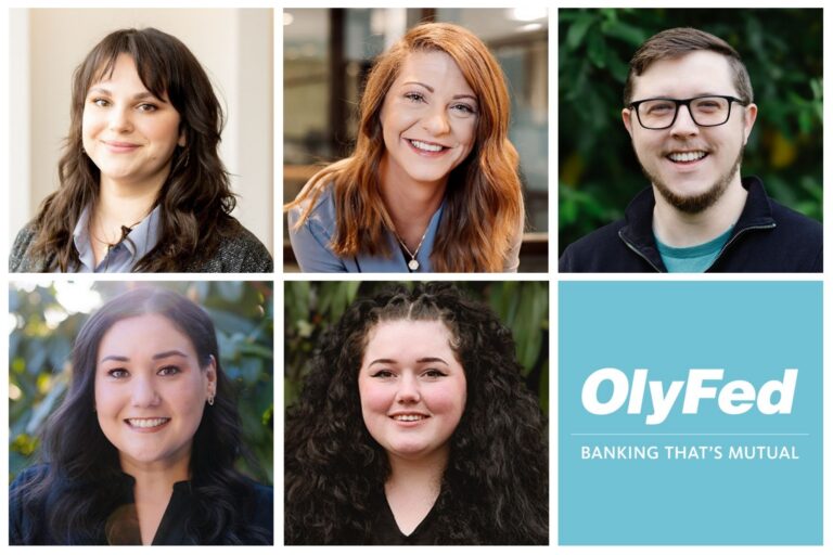 Grid of six photos, five of people and one of the Olyfed logo