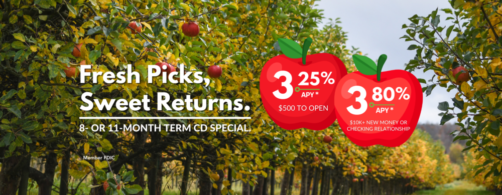 August 2026 CD Special Home Page Slider. Rates and Apples